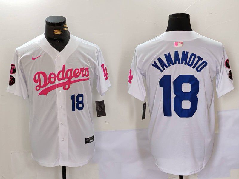 Men Los Angeles Dodgers 18 Yamamoto White pink joint name 2024 Nike MLB Jersey style 3